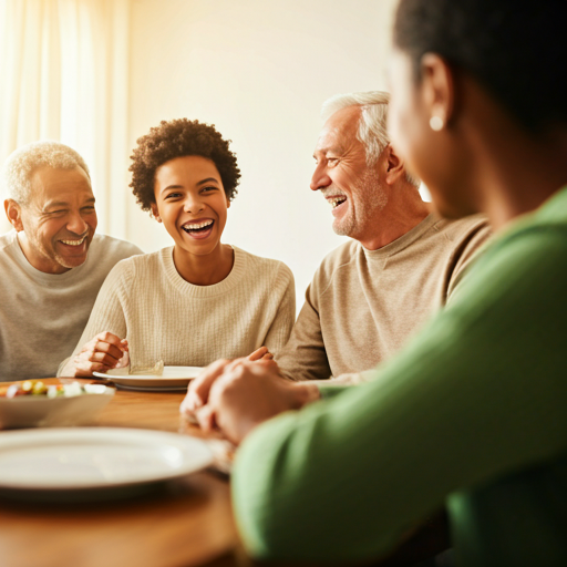 Multi-generational family laughing together around the dinner table