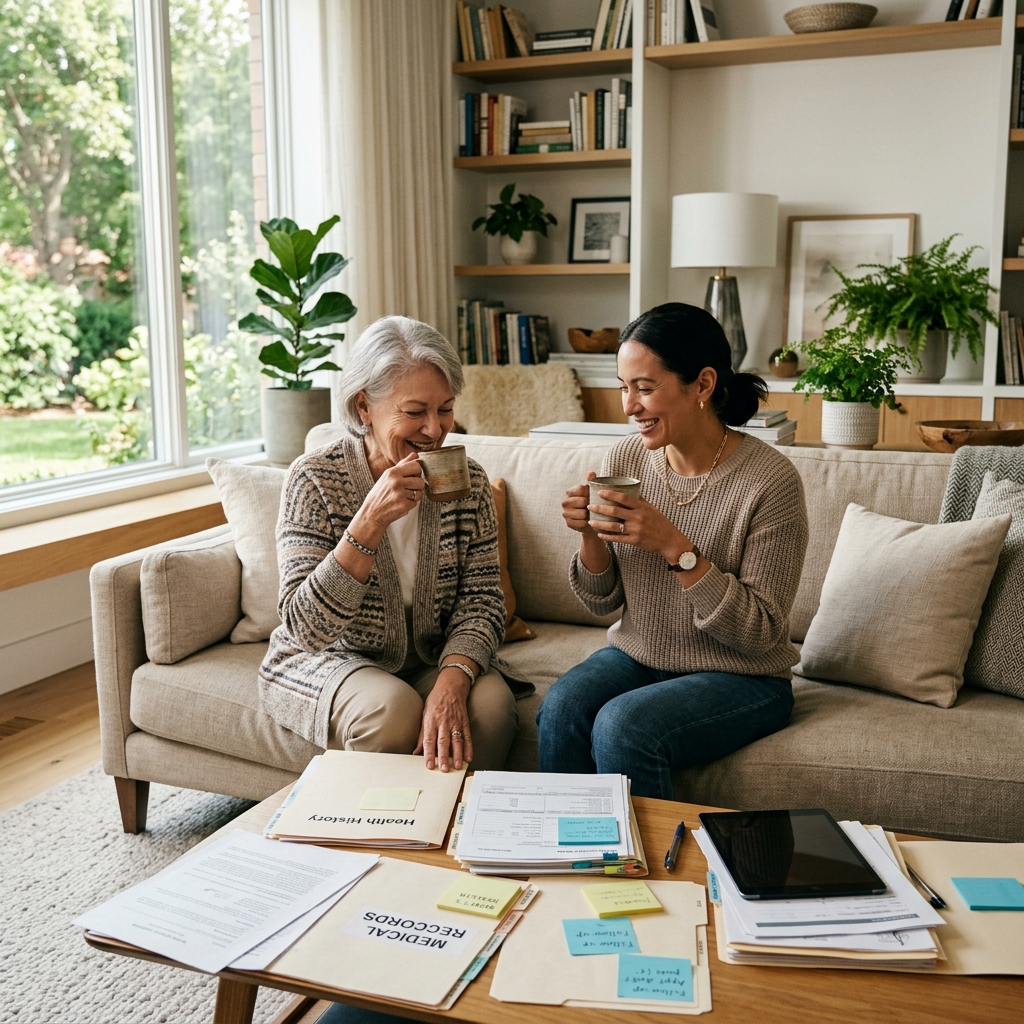 An adult daughter and her elderly mother sitting together on a comfortable sofa drinking coffee, with a messy spread of medical files and sticky notes on the table in front of them