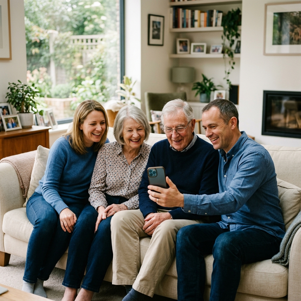 A multigenerational family reviewing health data on an app