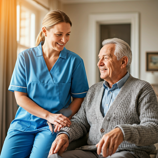 Caregiver holding hands with elderly patient in a sunlit home