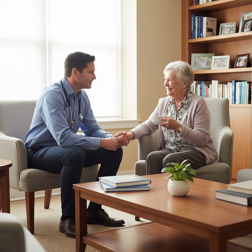 Doctor consulting with a patient and family member in a welcoming office