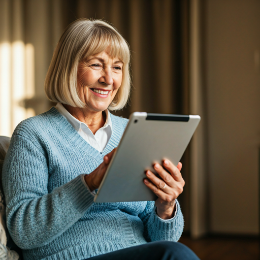 Smiling woman using a tablet in her living room